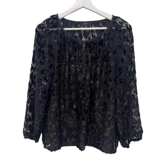 J Crew Burnout Metallic Velvet Black Leopard Long Sleeve Top Blouse Sz Small - Picture 4 of 12